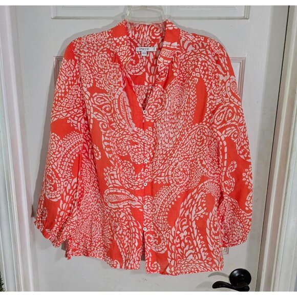 Chicos Womens Orange Paisley Button‎ Up Blouse Long Sleeve Split Neck Size 14 - Picture 4 of 11